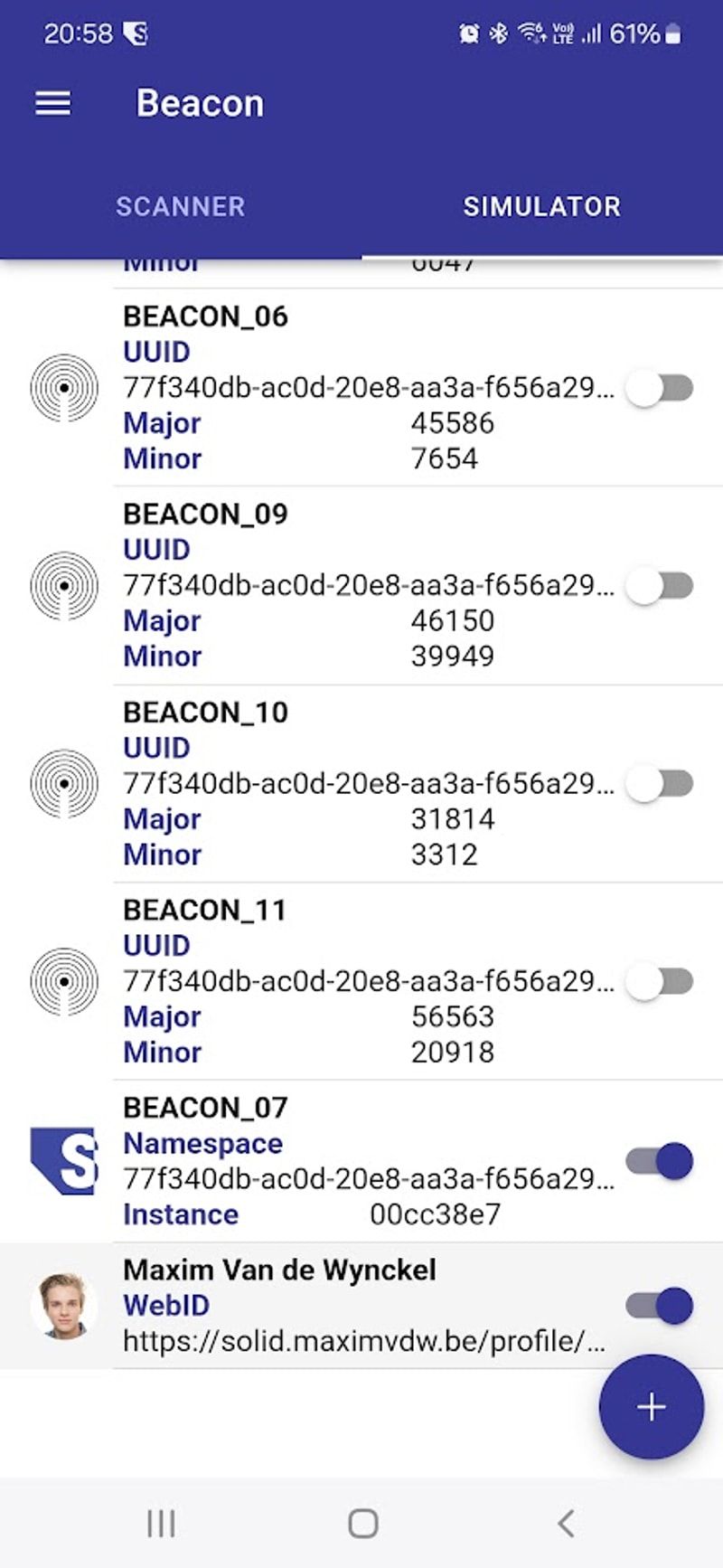 SemBeacon Android app listing detected beacons with their UUID, major and minor values and signal strength